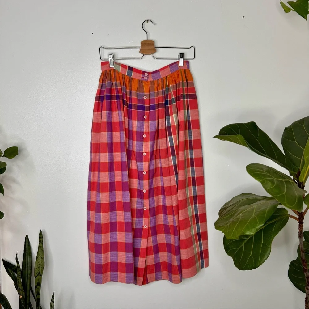 Vintage intarsia plaid button front midi skirt with pockets - Picture 1 of 4